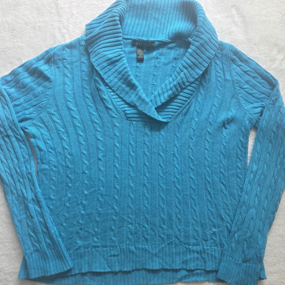 Lauren Ralph Lauren Blue Silk Cashmere Cowl Neck Cable Knit Sweater Womens